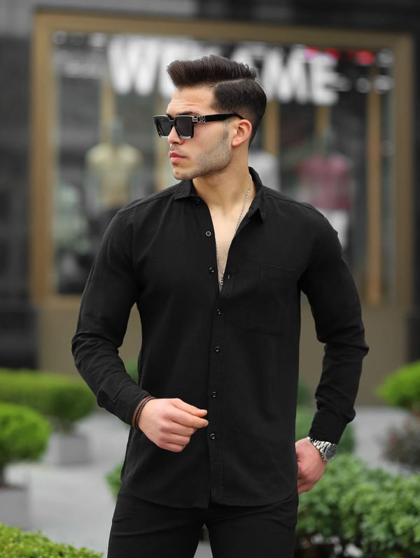 Siyah Erkek Şile Bezi Uzun Kol Fit Gömlek