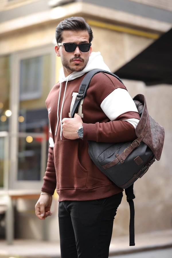 Sportif Şerit Detaylı Şardonlu Kapüşonlu Sweatshirt - Kahve