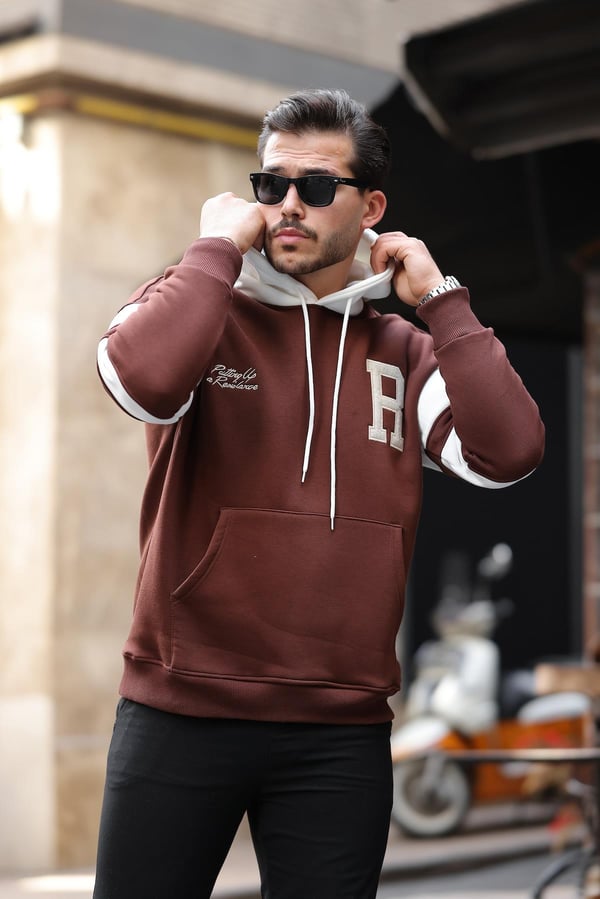 Sportif Şerit Detaylı Şardonlu Kapüşonlu Sweatshirt - Kahve
