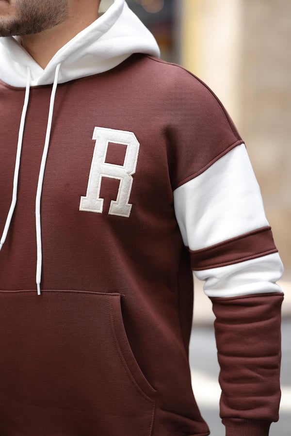 Sportif Şerit Detaylı Şardonlu Kapüşonlu Sweatshirt - Kahve