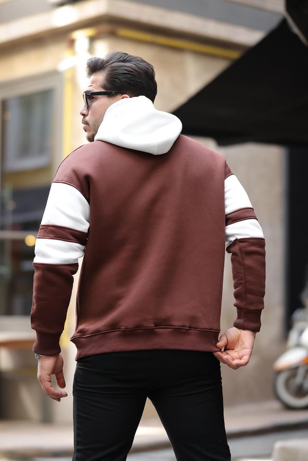 Sportif Şerit Detaylı Şardonlu Kapüşonlu Sweatshirt - Kahve