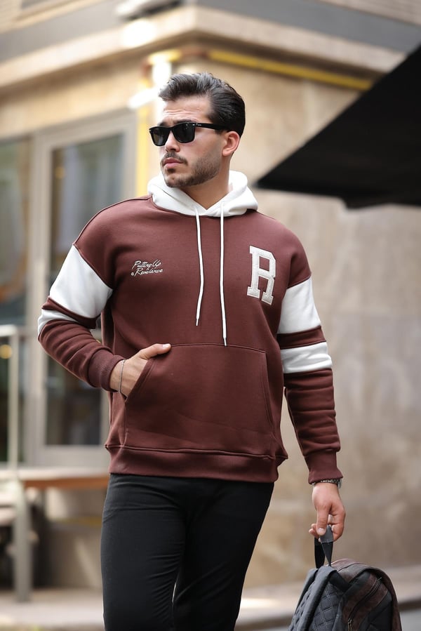 Sportif Şerit Detaylı Şardonlu Kapüşonlu Sweatshirt - Kahve