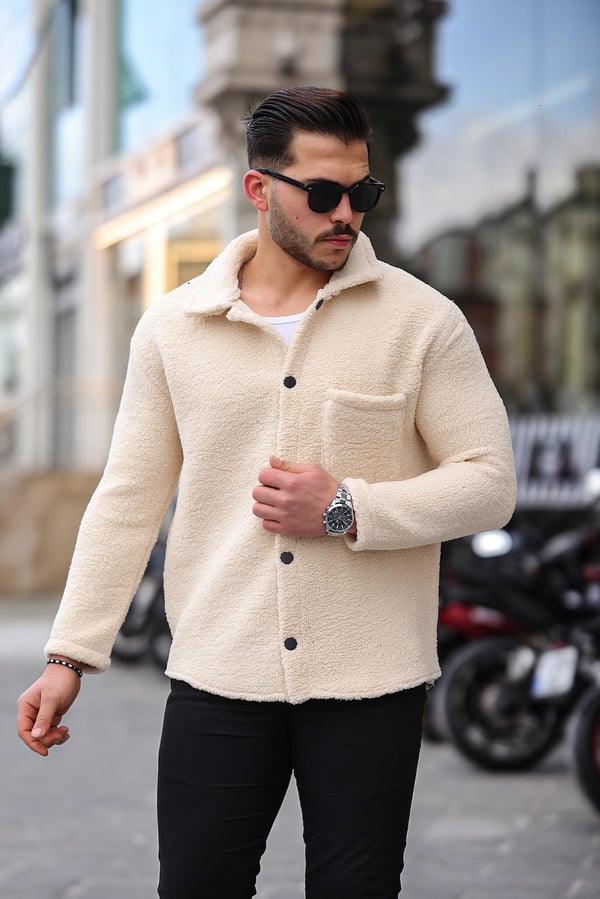 Tek Cepli Çıtçıtlı Peluş Ceket- Ekru