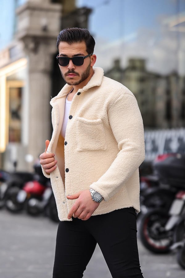 Tek Cepli Çıtçıtlı Peluş Ceket- Ekru