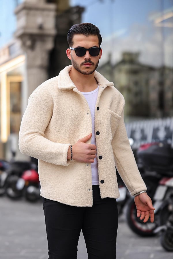 Tek Cepli Çıtçıtlı Peluş Ceket- Ekru