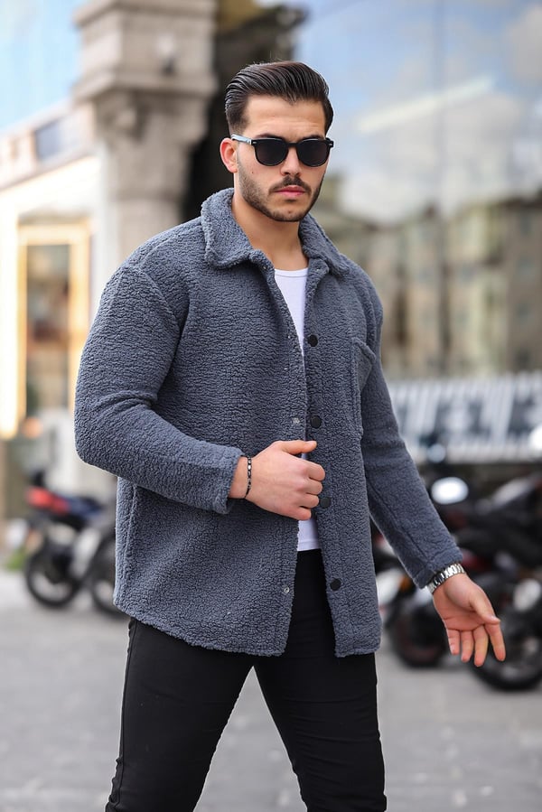 Tek Cepli Çıtçıtlı Peluş Ceket- Füme