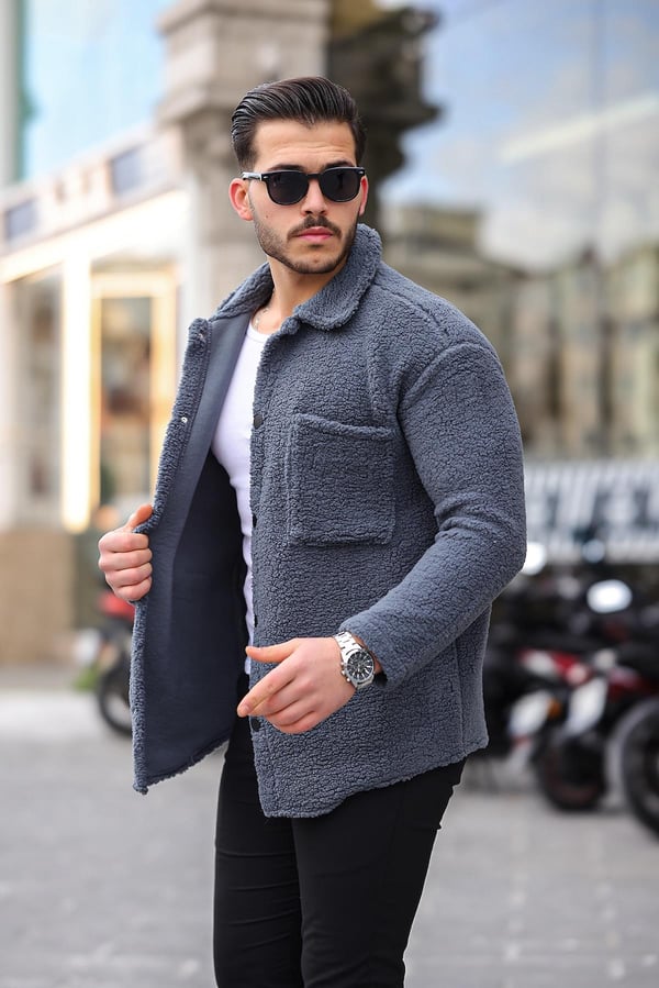 Tek Cepli Çıtçıtlı Peluş Ceket- Füme