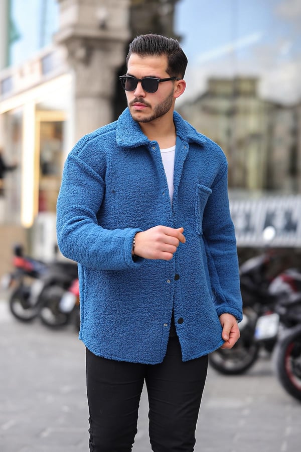 Tek Cepli Çıtçıtlı Peluş Ceket- İndigo