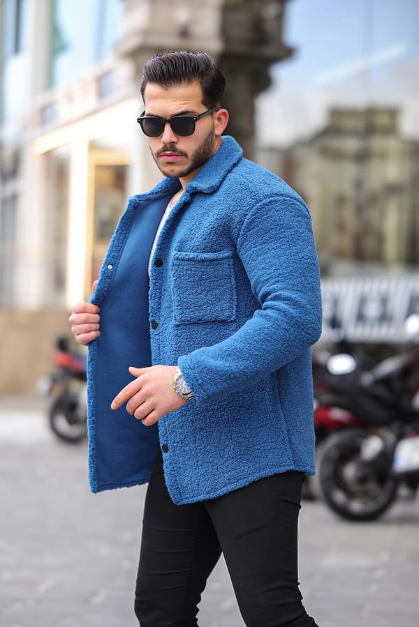 Tek Cepli Çıtçıtlı Peluş Ceket- İndigo