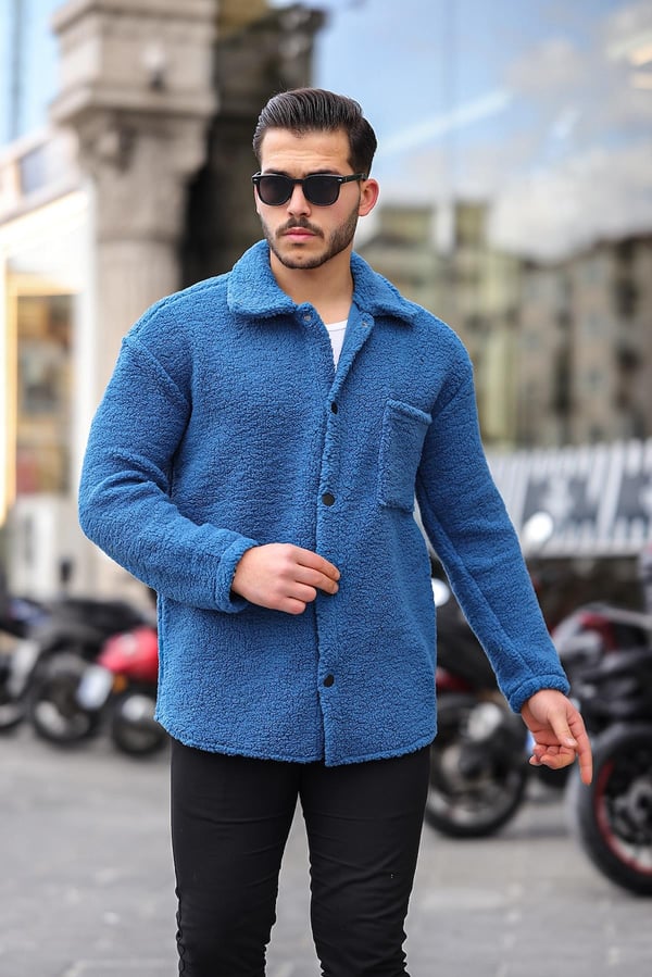 Tek Cepli Çıtçıtlı Peluş Ceket- İndigo