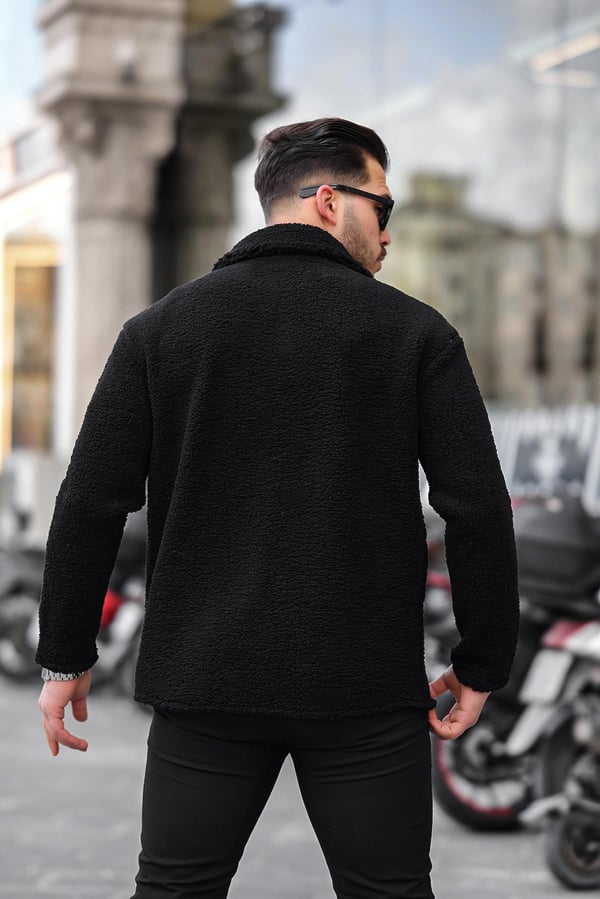 Tek Cepli Çıtçıtlı Peluş Ceket- Siyah