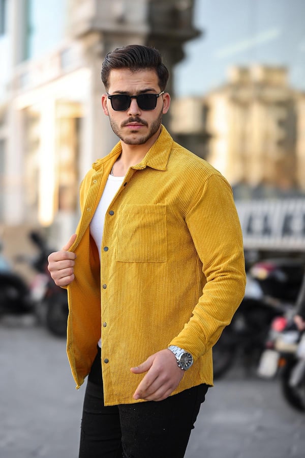 Tek Cepli Kadife Çıtçıtlı Gömlek - Hardal