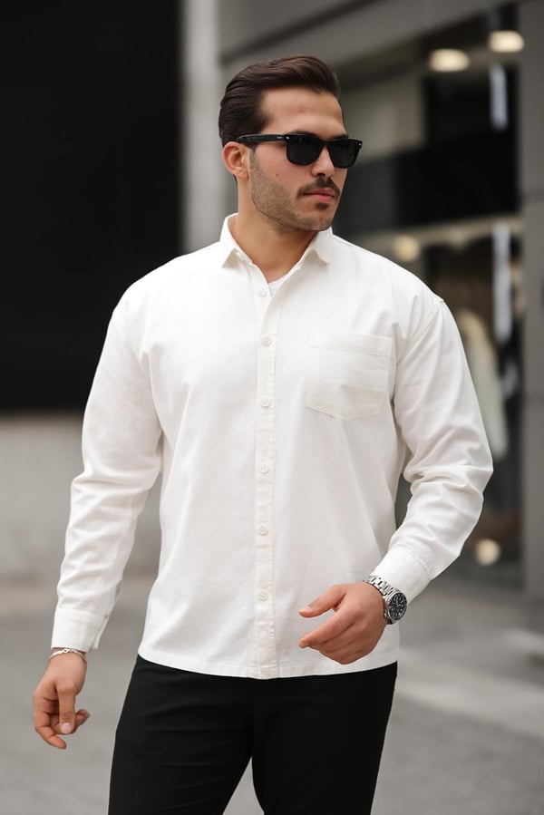 Tek Cepli Oversize Gabardin Kumaş Erkek Kadife Gömlek - Beyaz