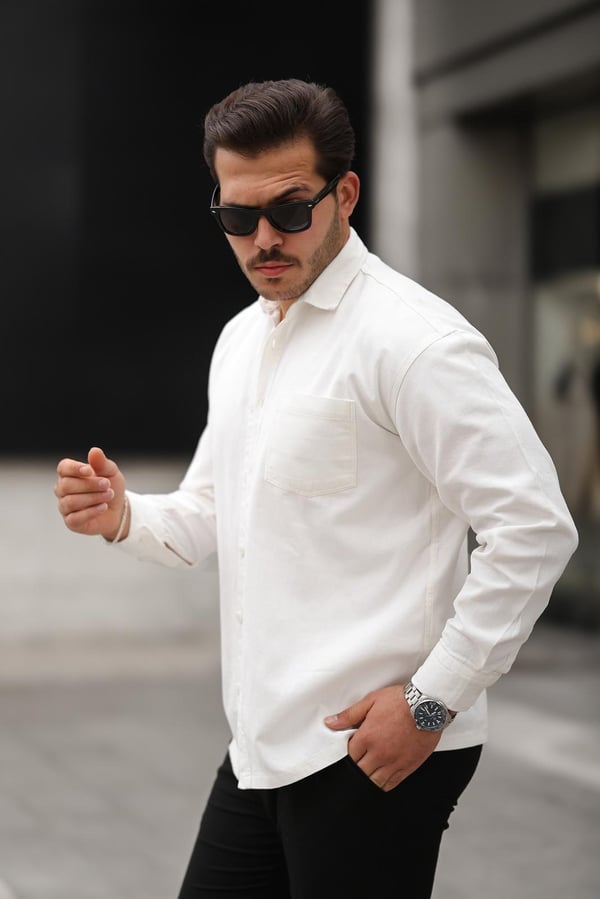 Tek Cepli Oversize Gabardin Kumaş Erkek Kadife Gömlek - Beyaz