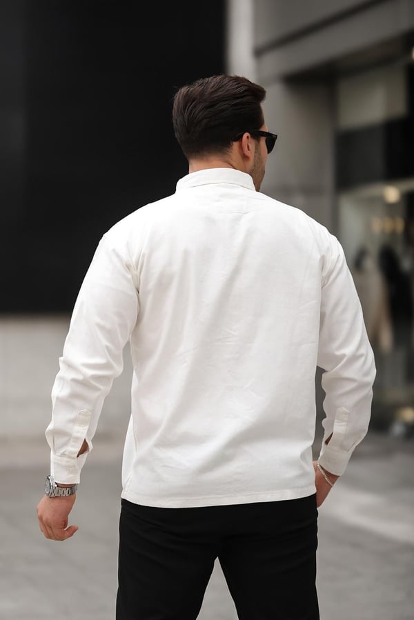 Tek Cepli Oversize Gabardin Kumaş Erkek Kadife Gömlek - Beyaz