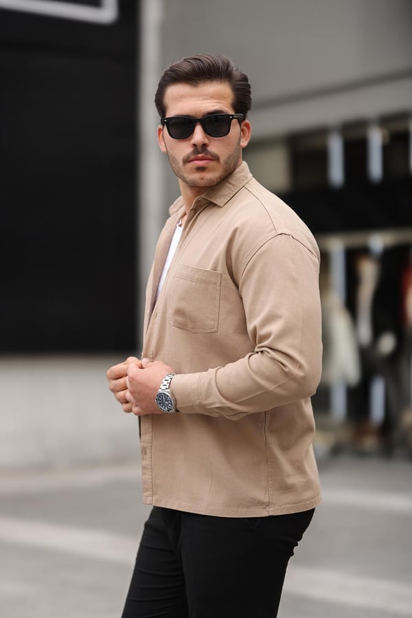 Tek Cepli Oversize Gabardin Kumaş Erkek Kadife Gömlek - Bej