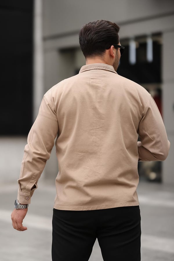 Tek Cepli Oversize Gabardin Kumaş Erkek Kadife Gömlek - Bej