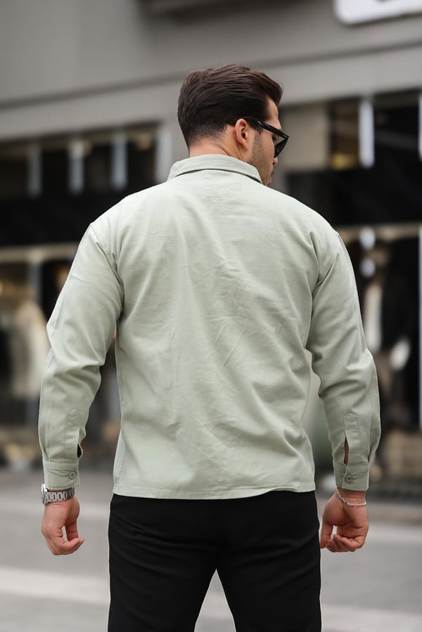 Tek Cepli Oversize Gabardin Kumaş Erkek Kadife Gömlek - Açık Yeşil