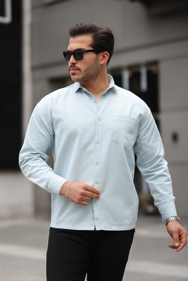 Tek Cepli Oversize Gabardin Kumaş Erkek Kadife Gömlek - Bebe Mavi