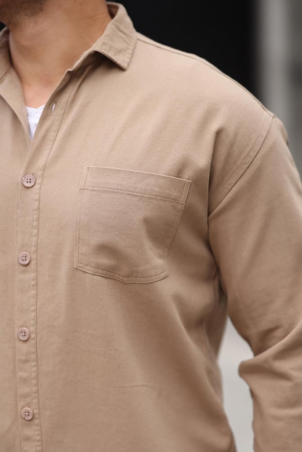 Tek Cepli Oversize Gabardin Kumaş Erkek Kadife Gömlek - Bej