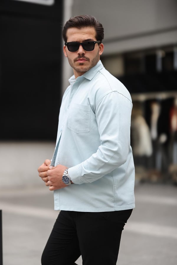 Tek Cepli Oversize Gabardin Kumaş Erkek Kadife Gömlek - Bebe Mavi