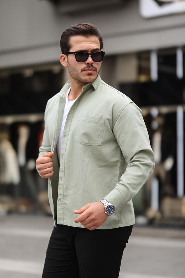Tek Cepli Oversize Gabardin Kumaş Erkek Kadife Gömlek - Açık Yeşil
