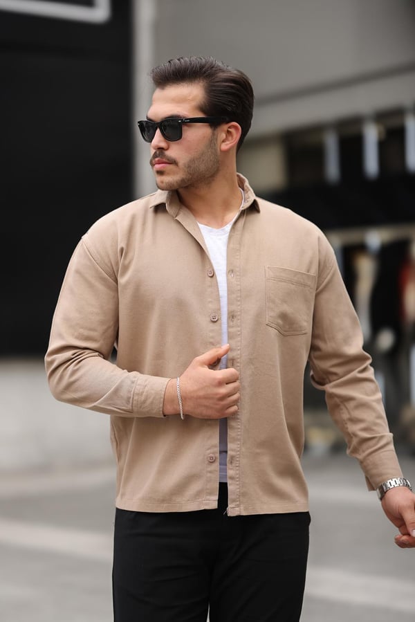 Tek Cepli Oversize Gabardin Kumaş Erkek Kadife Gömlek - Bej
