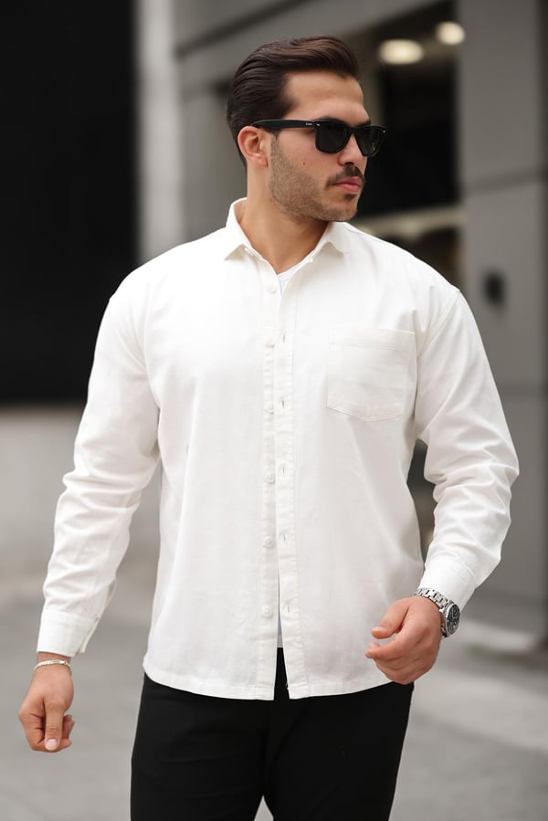 Tek Cepli Oversize Gabardin Kumaş Erkek Kadife Gömlek - Beyaz