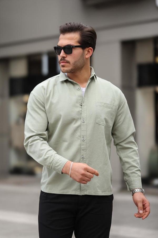 Tek Cepli Oversize Gabardin Kumaş Erkek Kadife Gömlek - Açık Yeşil