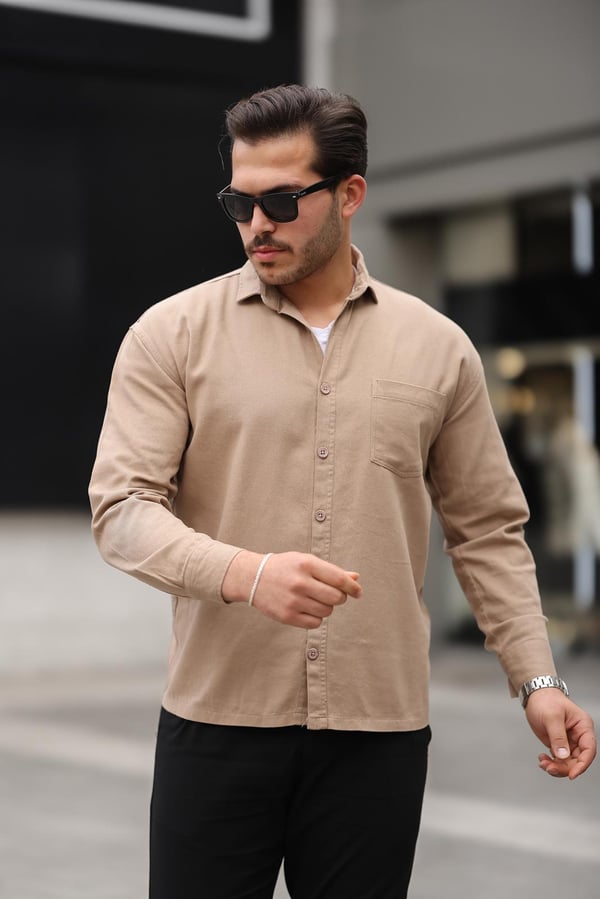 Tek Cepli Oversize Gabardin Kumaş Erkek Kadife Gömlek - Bej