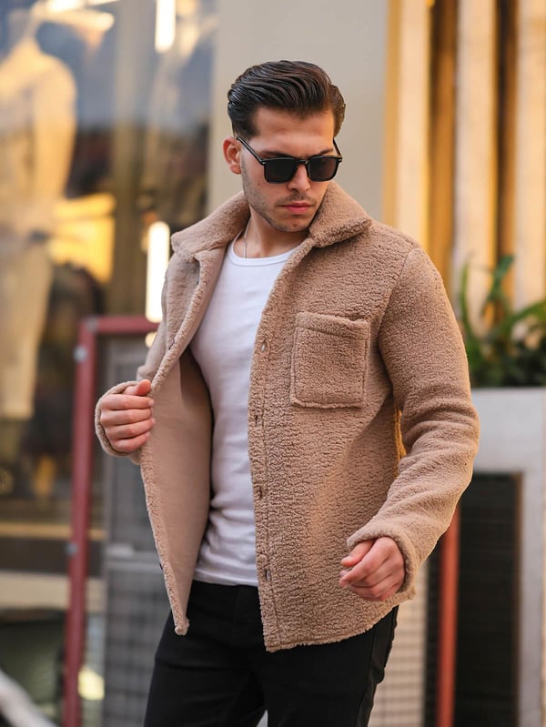 Tek Cepli Oversize Peluş Ceket- Bej