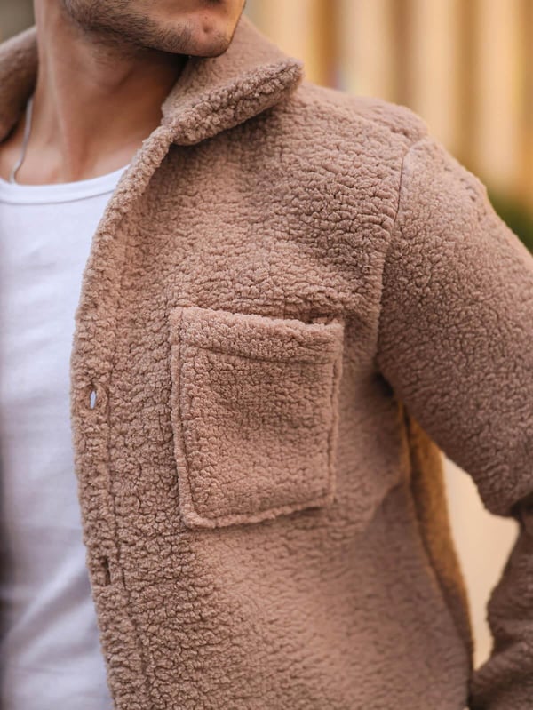 Tek Cepli Oversize Peluş Ceket- Bej
