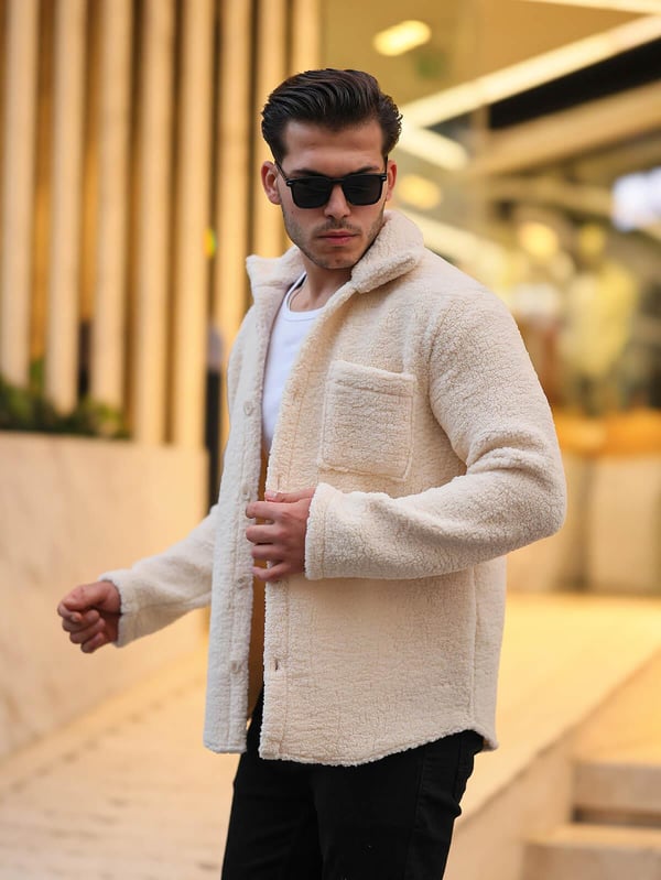 Tek Cepli Oversize Peluş Ceket- Ekru