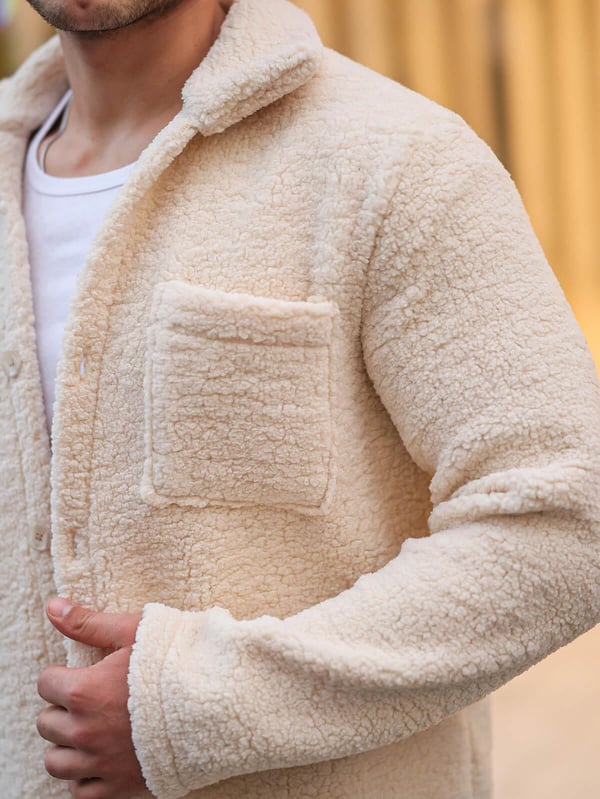 Tek Cepli Oversize Peluş Ceket- Ekru