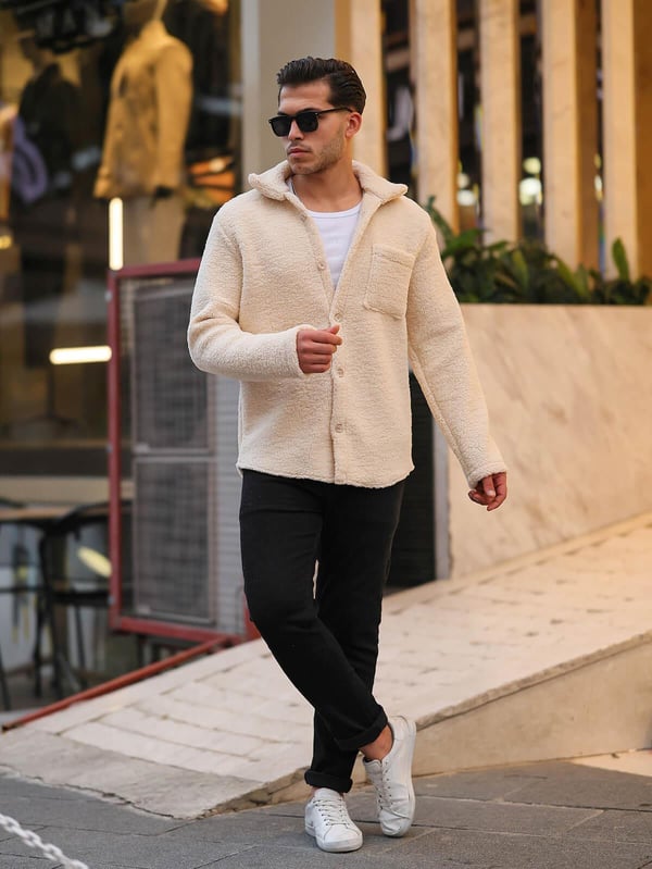 Tek Cepli Oversize Peluş Ceket- Ekru