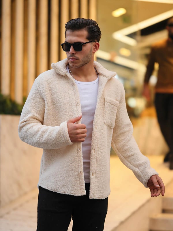 Tek Cepli Oversize Peluş Ceket- Ekru