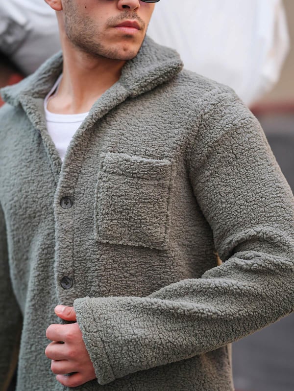 Tek Cepli Oversize Peluş Ceket- Haki