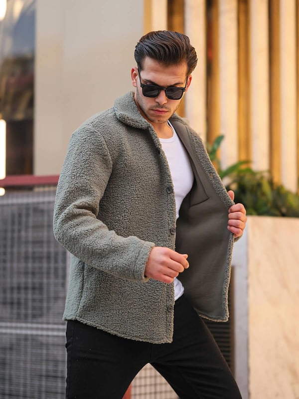 Tek Cepli Oversize Peluş Ceket- Haki
