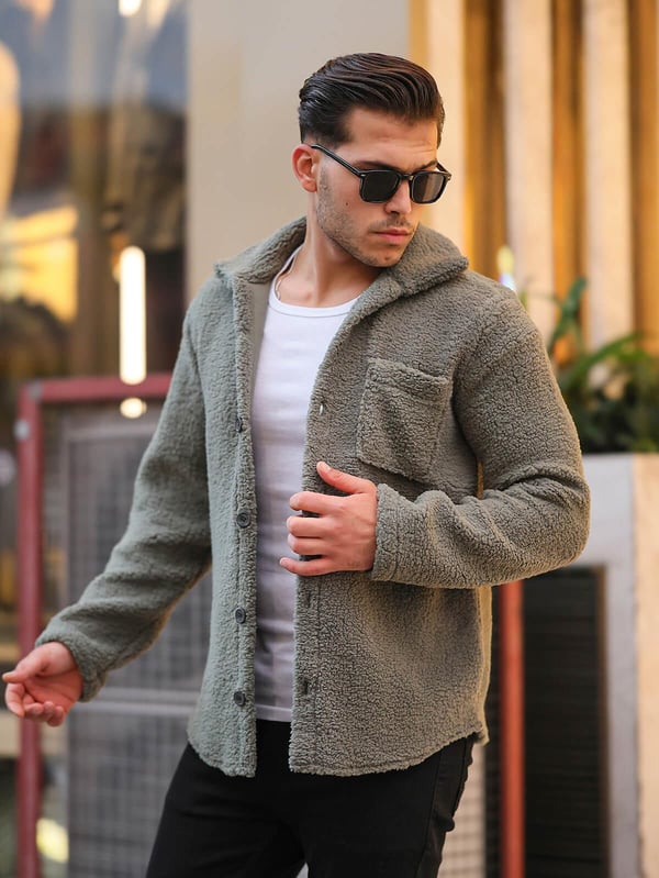 Tek Cepli Oversize Peluş Ceket- Haki