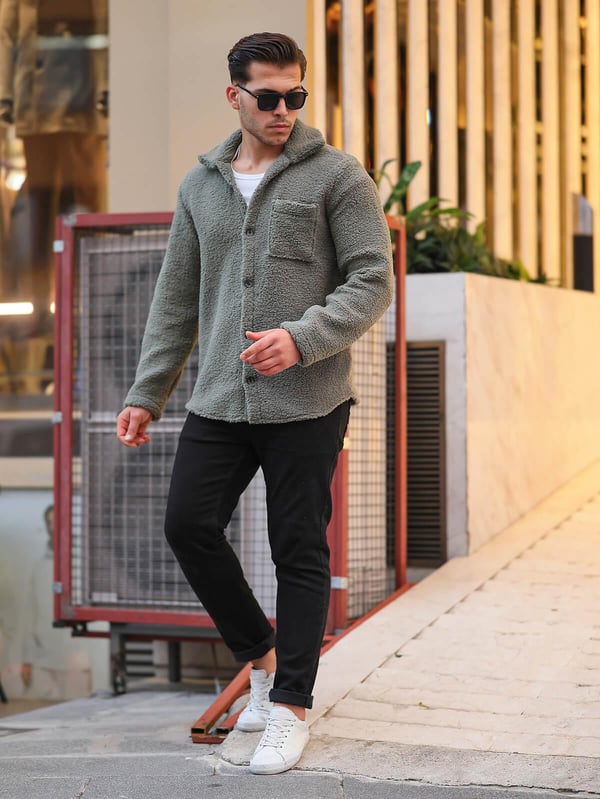 Tek Cepli Oversize Peluş Ceket- Haki