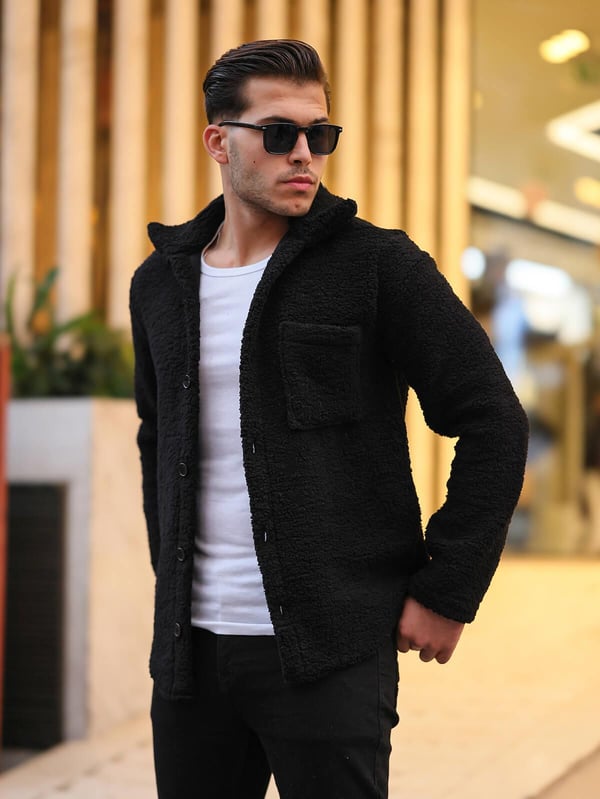 Tek Cepli Oversize Peluş Ceket- Siyah
