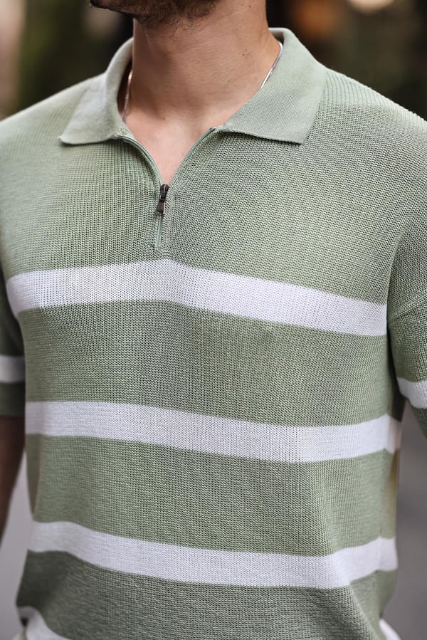 Yarım Fermuar Çizgili Oversize Triko T-Shirt - Yeşil