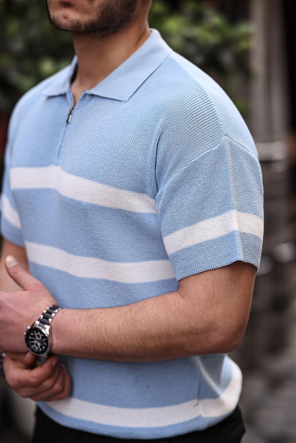 Yarım Fermuar Çizgili Oversize Triko T-Shirt - Açık Mavi