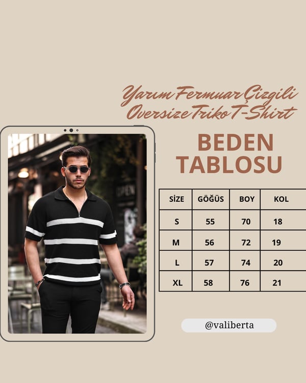 Yarım Fermuar Çizgili Oversize Triko T-Shirt - Lacivert