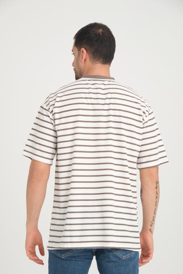 Zarf Yaka Detaylı Çizgili Oversize T-Shirt - Vizon