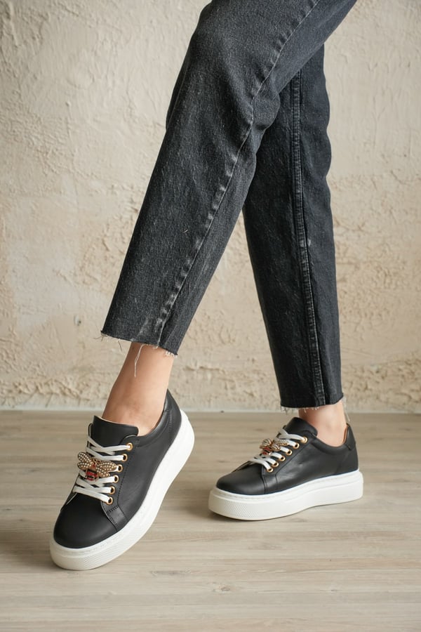 Valencia Kadın Sneaker Siyah Hakiki Deri Comfort Yumuşak Taban Günlük Spor Ayakkabı