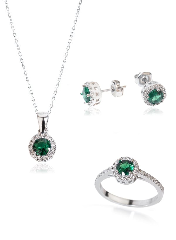 925 AYAR GÜMÜŞ YEŞİL TEK TAŞLI SET