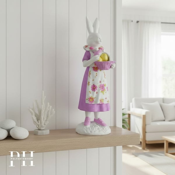 Ob 2643 - Sepetli Kız Tavşan Biblo Ham Polyester Dekoratif Obje 