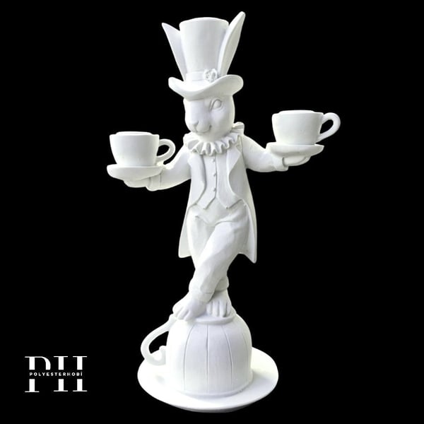 Ob 2647 - Fincanlı Alice Tavşan Detaylı Biblo Ham Polyester Dekoratif Obje 
