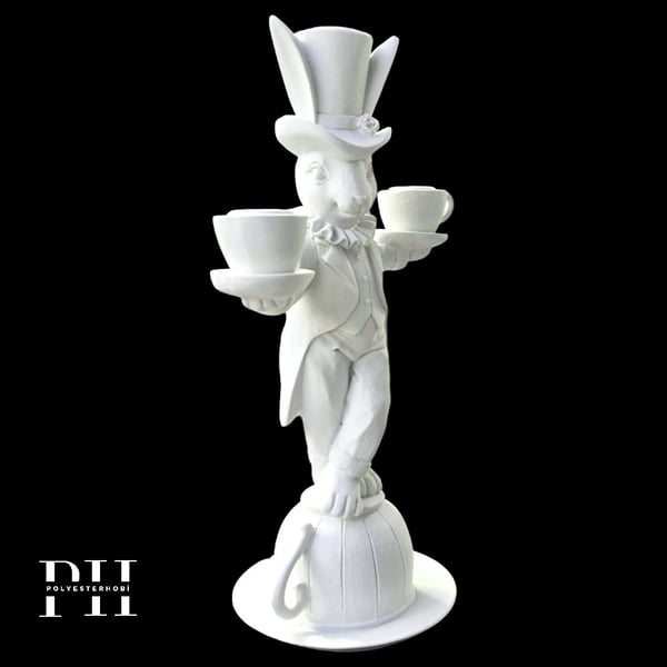 Ob 2647 - Fincanlı Alice Tavşan Detaylı Biblo Ham Polyester Dekoratif Obje 